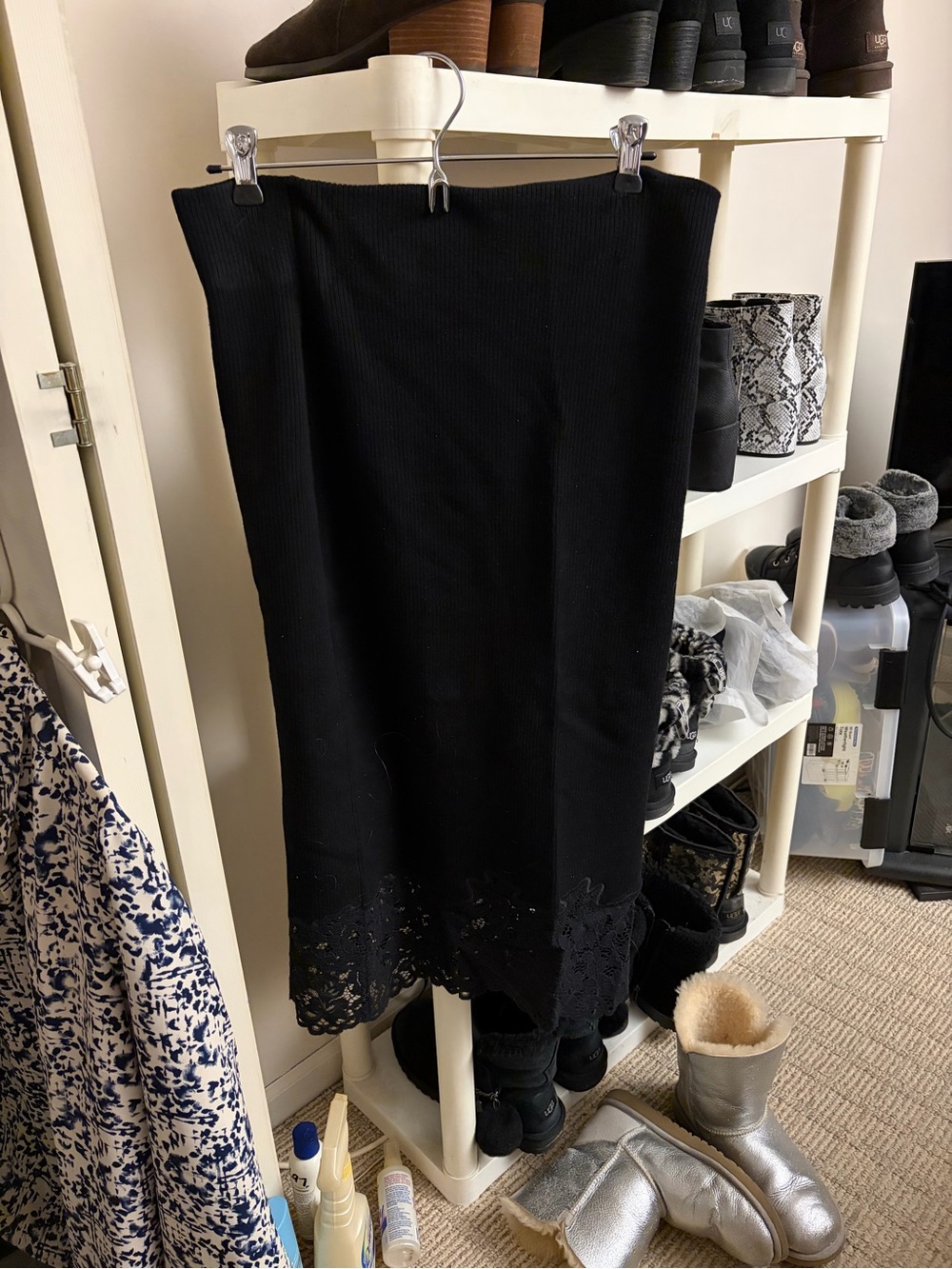 Express Black Ribbed Midi Skirt with Lace Hem